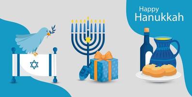 felice hanukkah con lampadario e icone vettore