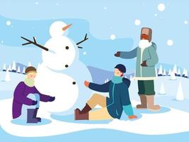 gruppo di persone con pupazzo di neve nel paesaggio invernale vettore