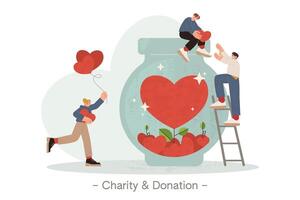 piatto minuscolo volontari raccolta rosso cuori nel grande vaso per donazione, beneficenza o umanitario aiuto. persone fabbricazione donare. generoso Comunità personaggi Aiuto e supporto povero, senza casa o anziano persone. vettore