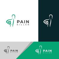 creativo indietro dolore, dolore uccisore trattamento logo design. vettore