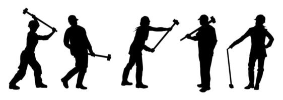 silhouette collezione di costruzione lavoratori nel azione posa trasporto slitta martello attrezzo vettore
