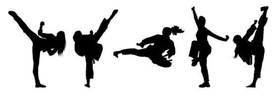 silhouette collezione di marziale arte donne calciando posa. silhouette di femmina guerrieri nel azione posa. vettore
