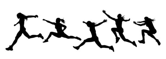 silhouette collezione di sportivo donna nel in esecuzione posa. silhouette gruppo di femmina correre posa. vettore