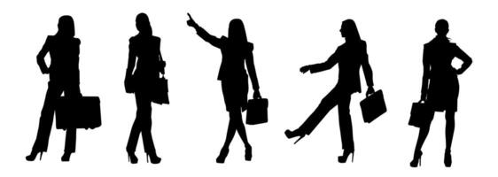 silhouette collezione di attività commerciale donna trasporto ventiquattrore nel espressive posa vettore