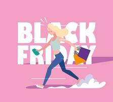 donna con borse della spesa ed etichetta del black friday vettore