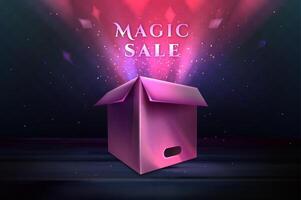 realistico rosa carta scatola su nero di legno tavolo. Magia vendita concetto. illustrazione di rosa leggero fuga a partire dal 3d scatola con vendita cartello su palcoscenico. eps 10 vettore