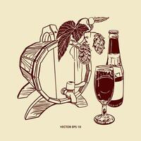 birra, bottiglia, bicchiere calice, botte, luppolo pianta. illustrazione nel grafico stile. design di menu, vino e birra carte, etichette, striscioni, volantini. vettore