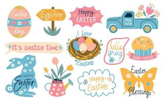 impostato di contento Pasqua scritta. primavera Pasqua carino animale personaggi e giardino elementi. collezione di lettering con Pasqua coniglietto e uovo. festivo Pasqua logo. vettore