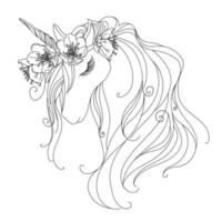 testa di un simpatico unicorno con gli occhi chiusi in una ghirlanda di fiori. il contorno è isolato da uno sfondo bianco.