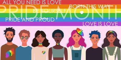 LGBTQ orgoglio mese bandiera con diverso persone supporto lgbt più diritti e movimenti. sessuale la libertà e amore diversità concetto. gay e lesbiche persone. vettore