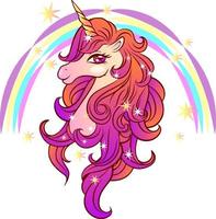 simpatico unicorno magico con stelle e arcobaleno. illustrazione vettoriale di una testa di unicorno.