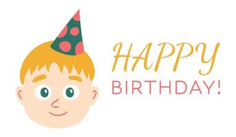 ragazzo con un' festivo cap. compleanno carta o invito con testo. ritratto di un' sorridente biondo. carino bambino con verde occhi. figli di compleanno ragazzo illustrazione su bianca sfondo. illustrazione. vettore