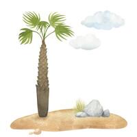 acquerello illustrazione di un' stilizzato palma albero su sabbia, con nuvole e calcolo, isolato. per figli di camera arredamento, composizioni, sfondi vettore