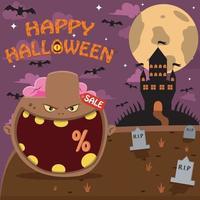 testa del personaggio di halloween con testa di zombie marrone sul cimitero e sul palazzo. percentuale, vendita e sfondo scuro vettore