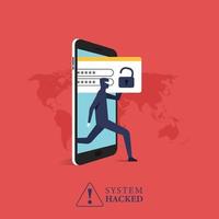 hacker che ruba il concetto di dati dal telefono. avviso di un sistema violato. illustrazione vettoriale di criminalità informatica