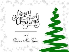 caratteri scritti a mano in nero su sfondo bianco. albero di Natale verde magico fatto di pennellate con fiocchi di neve grigi. buon natale e felice anno nuovo 2022. vettore