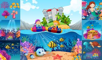 Scene oceaniche con bambini e animali marini vettore