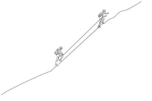 Due persone natura zaino collina montagna escursioni a piedi scalata a piedi stile di vita uno linea arte design vettore