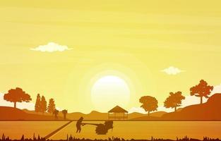 alba agricoltore asiatico risaia campo di riso agricoltura natura illustrazione vettore