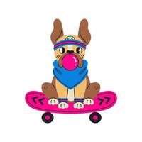 francese bulldog soffiaggio bolla gomma equitazione su skateboard vettore