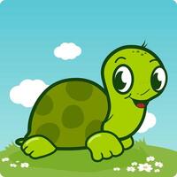 un' contento tartaruga nel il giardino a piedi nel il erba. carino tartaruga animale domestico. vettore