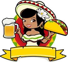 cinco de mayo fiesta cameriera a un' messicano bar servendo freddo birra e tacos. vuoto bandiera con un' messicano donna servendo un' freddo birra e un' taco. illustrazione vettore