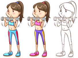 Doodle personaggio per donna facendo allenamento con i pesi vettore