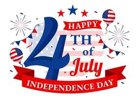 4 ° di luglio contento indipendenza giorno Stati Uniti d'America illustrazione con americano bandiera e palloncini nel piatto nazionale vacanza cartone animato sfondo design vettore