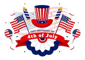 4 ° di luglio contento indipendenza giorno Stati Uniti d'America illustrazione con americano bandiera e palloncini nel piatto nazionale vacanza cartone animato sfondo design vettore