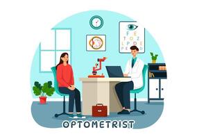 optometrista illustrazione con oculista controlli paziente vista, ottico occhio test e spettacoli tecnologia nel piatto cartone animato sfondo vettore