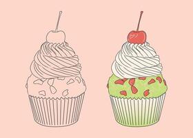 pistacchio Cupcake con colorato glassa, dolce crema e ciliegia su superiore vettore