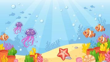 oceano pavimento con corallo scogliere, alga marina, sabbia, Medusa e pesce. cartone animato sfondo, paesaggio vettore
