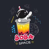 divertimento illustrazione con un astronauta su un' bolla tè tazza in mezzo un' spazio scarabocchio fondale vettore