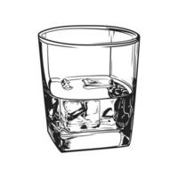 nero e bianca linea arte di un' whisky bicchiere con ghiaccio cubi, Perfetto per menù design vettore