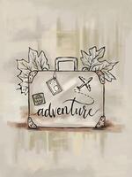 stilizzato disegno di valigia con parola avventura, aereo, passaporto, e autunno le foglie vettore