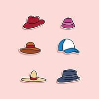collezione di elegante uomini S e donne S copricapo di vario tipi - cappelli, berretti, kepi isolato su rosa sfondo. fascio di moda Accessori. colorato illustrazione nel etichetta cartone animato stile. vettore