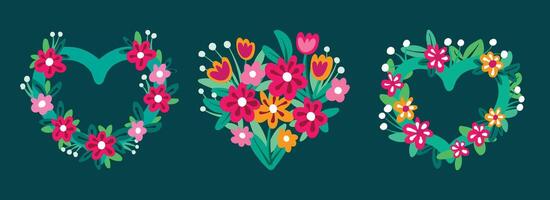 un' collezione di a forma di cuore montatura decorato con fiori e le foglie vettore