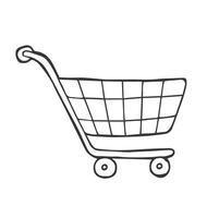 scarabocchio shopping carrello icona o logo, mano disegnato con magro nero linea. vettore