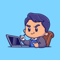 carino uomo Lavorando su il computer portatile e bevanda caffè cartone animato vettore