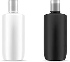 nero e bianca shampoo cosmetico bottiglie modello. realistico 3d illustrazione di cosmetici pacchetto con argento coperchio. chiaro vuoto modello per il tuo design. vettore