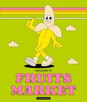 frutta estate personaggio Banana. retrò Groovy manifesto. di moda impaurito comico mascotte. illustrazione anni '60, 70s stile. vettore