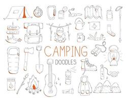 impostato di scarabocchi di campeggio e il trekking e escursionismo. illustrazione. vettore
