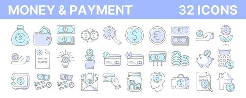 i soldi e pagamento metodi, schema icona impostare. modificabile ictus e colore. attività commerciale e finanza collezione con Contanti, moneta, bancario, credito carta, scambio, Salvataggio, transazione simbolo. vettore