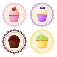 cartone animato etichetta con cupcakes. dolce forno, negozio distintivo con focaccina vettore