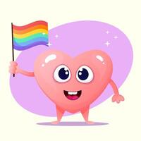 cartone animato cuore personaggio Tenere arcobaleno bandiera. orgoglio mese manifesto, bandiera concetto. vettore