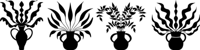decorativo vaso con le foglie impostare. nero silhouette. illustrazione vettore