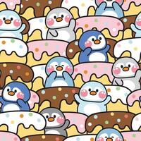 ripetere.senza soluzione di continuità modello di carino pinguino saluto con grande ciambella background.bird animale personaggio cartone animato design.dolce.panetteria.dessert.immagine per carta, poster, bambino abbigliamento.kawaii.illustrazione. vettore