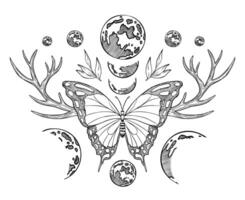 farfalla con lune e cervo corna. lustrazione di un insetto con Ali e corna nel un' magico celeste composizione. magico disegno nel lineare stile per tatuaggio. Vintage ▾ esoterico Stampa vettore