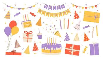 compleanno festa impostare. i regali regali, Cupcake e celebrazione torta. palloncini e bandiere. piatto isolato illustrazione vettore
