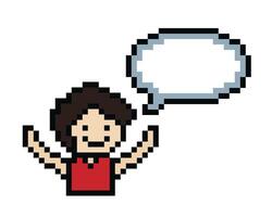 carino pixel cartone animato 8 bit personaggio uomo con Chiacchierare vuoto decorazione 8 po maschio ragazzo parlare discutere idea Chiacchierare scatola cartone animato pixel gioco. vettore